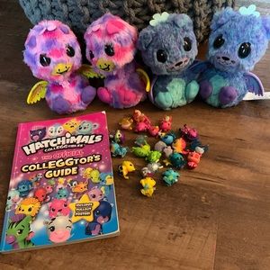 Lot of Hatchimal toys and book